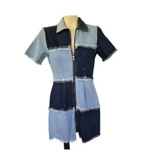 RAGGED JEANS Mini Denim Patch Raw Seam Full Zip dress New With Tag Blue X Small